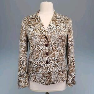 Allyson Cara Lined Silky Satiny Jacket Blazer Brown Animal Print Career Pockets